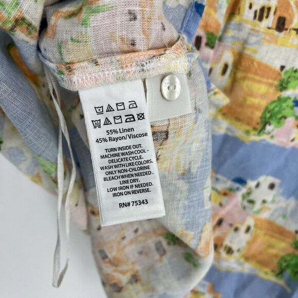 Cynthia Rowley Top Size Medium Linen Greek Island Print Short Sleeve Button Back - Picture 9 of 9
